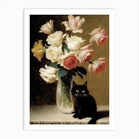 Henri Fantin Latour  Inspired Roses And Lilies And Black Cat 2 Art Print
