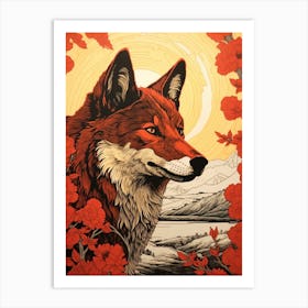 Red Wolf Vintage Woodblock 3 Art Print