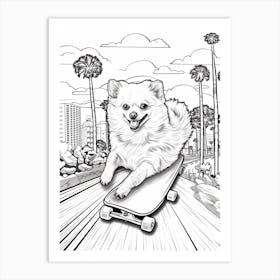 Pomeranian Dog Skateboarding Line Art 2 Art Print