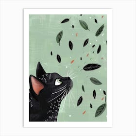 Black Cat With Leaves 1 Art Print