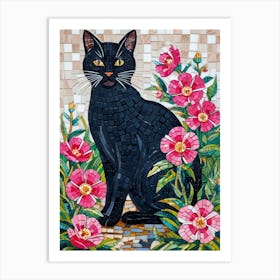 Black Cat With Pink Roses Art Print