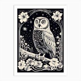 B&W Bird Linocut Snowy Owl 3 Art Print