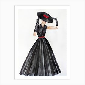 Watercolor illustration of a woman in a hat and black vintage dress 1 Art Print