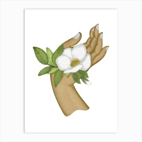 Dainty white flower on a woman hand Art Print