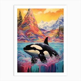 Vivid Surreal Rainbow Orca Whale With Mountain 1 Art Print