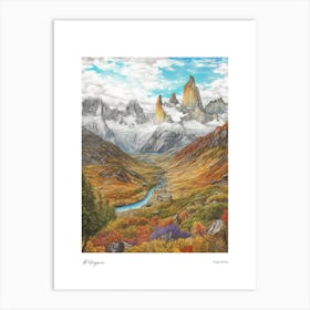 Patagonia Argentina Pencil Sketch 2 Watercolour Travel Poster Art Print