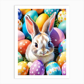 Baby Easter Bunny On A Field With Easter Eggs Art Print