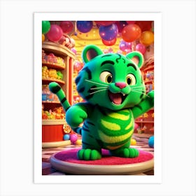 Cartoonish 3d Animated Green Tiger With Yellow Eyes Exuding A Whimsical And Playful Demeanor Surro Art Print