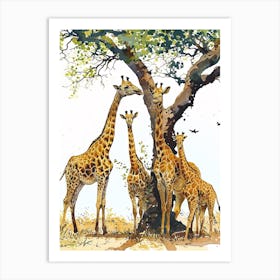Giraffe Herd Under The Tree Watercolour 5 Art Print