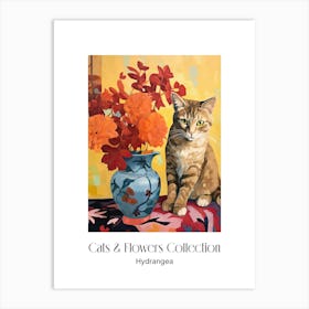 Cats & Flowers Collection Hydrangea Flower Vase And A Cat, A Painting In The Style Of Matisse 2 Art Print