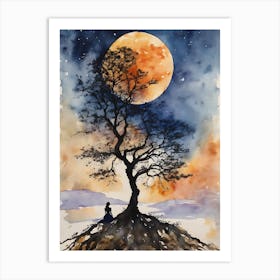 Moonlit Tree Contemplation - Full Moon Contemplating Serenity Calm Yoga Meditating Spiritual Grounding Heart Open Buddhist Indian Travel Guidance Wisdom Peace Love Witchy Beautiful Watercolor Woman Trees Blue Silhouette Art Print