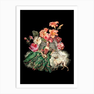 Marie Antoinette Sitting On Stairs With Dog And Flowers Art Print