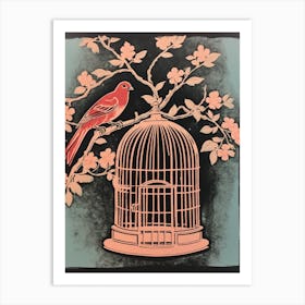 Linocut Pink Birdcage Art Print