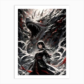 Anime - Female warrior battling against a dragon Art Print