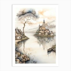 Village By The Water House Landscape Natural Nature Art Print