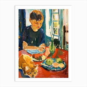 Portrait Of A Boy With Cats Having Dinner 6 Art Print