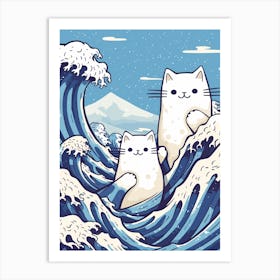 Hokusai Great Wave Cats Kawaii Cartoon Mount Fuji Art Print
