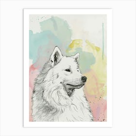 Samoyed Dog Pastel Line Watercolour Illustration  2 Art Print