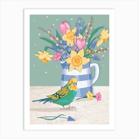 Budgie And Springflowers In A Cornishware Jug Art Print
