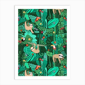 Happy Sloths in Bold Green Jungle Trees Art Print