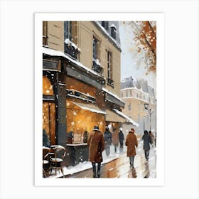 Paris cafes, winter season, Christmas, pale colors, pedestrians in the street, winter clothes, falling snow.1 3 Affiche