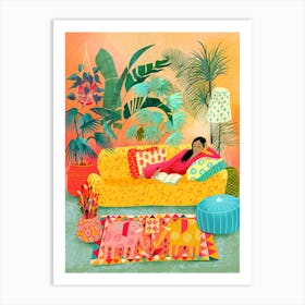 Woman Reading In Tropical Living Room Art Print