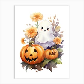 Cute Ghost With Pumpkins Halloween Watercolour 25 Art Print