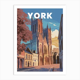 Anime Canvas Art: Beautiful York Minster Surrounded by Cobblestone Streets, Autumn Trees, and Golden Sunset Light, Perfect for Lofi Aesthetic and Classic Decor. Art Print