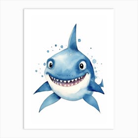 Cartoon Watercolour Blue Shark Kids Nursery 3 Art Print