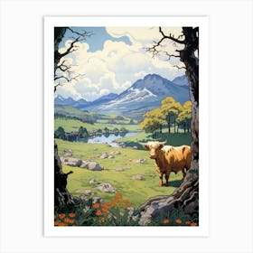 Highland Cow In The Distance With A Pictureque Valley Art Print