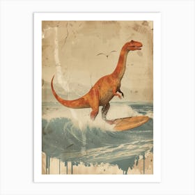 Vintage Diplodocus Dinosaur On A Surf Board 2 Art Print