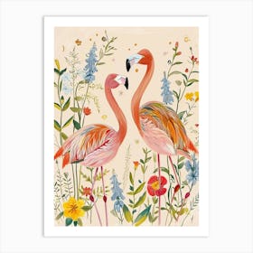 Folksy Floral Animal Drawing Flamingo 2 Art Print
