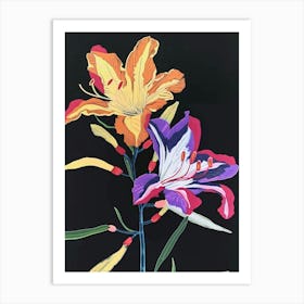 Neon Flowers On Black Freesia 3 Art Print