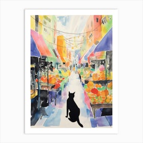 Food Market With Cats In Brooklyn 1 Watercolour Art Print