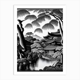 Ryoan Ji, 1, Japan Linocut Black And White Vintage Art Print