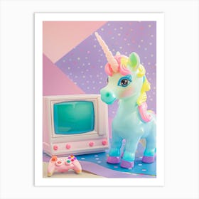 Toy Unicorn Pastel Playing Video Games 1 Art Print