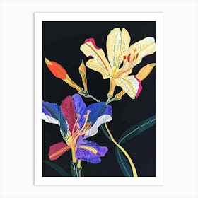 Neon Flowers On Black Freesia 1 Art Print
