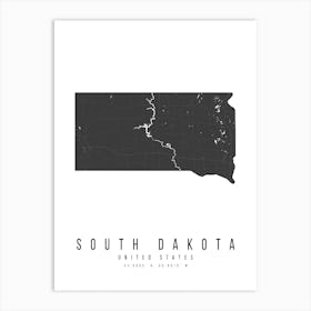 South Dakota Mono Black And White Modern Minimal Street Map Art Print