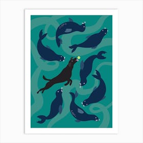 Labrador Seal Dog swimming with Seals Art Print