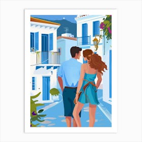 Couple Walking Down The Street In Greece Art Print