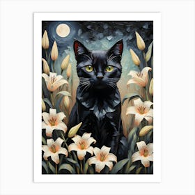 Black Cat Amongst Lilies on a Full Moon - Oil and Palette Knife Painting of A Beautiful Black Cat Sitting Among the Summer Flowers - Kitty, Cat Lady, Pagan, Feature Wall, Witch, Fairytale Tarot Bastet Midsummer Litha Colorful Painting in HD Art Print