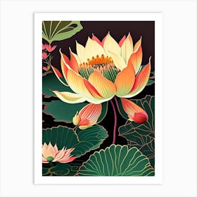 Lotus Flower In Garden Retro Illustration 4 Art Print