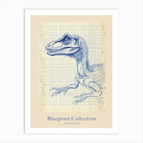 Deinonychus Dinosaur Blue Print Sketch 2 Poster Art Print