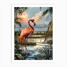 Greater Flamingo Salt Pans And Lagoons Tropical Illustration 3 Art Print