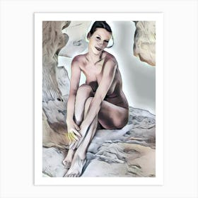 Nude Woman Sitting On Rocks Art Print