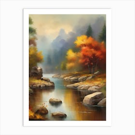 Autumn Lake,Forest Lake, Vintage Oil Painting, Farmhouse Wall Decorations, Antique Landscape, Vintage Landscape Oil Painting.15 Art Print