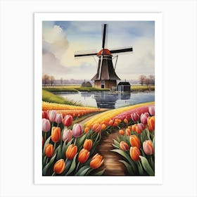 Windmill With Tulips Netherlands Floral Art Art Print