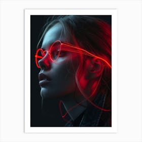 Glowing Enigma: Darkly Romantic 3D Portrait: Girl With Red Glasses Art Print