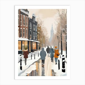 Amsterdam cafes, winter season, Christmas, autumn oil colors, pale colors, pedestrians in the street, winter clothes, falling snow.5 1 Art Print