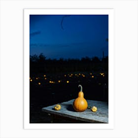 A Gourd Carefully Resting On A Weathered Wooden Table Settingfootprint In The Cement Market Under Art Print